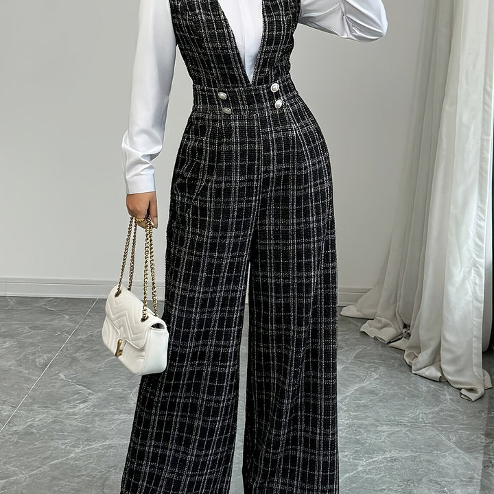 Combinaison Pantalon à Carreaux et Boutons Femme