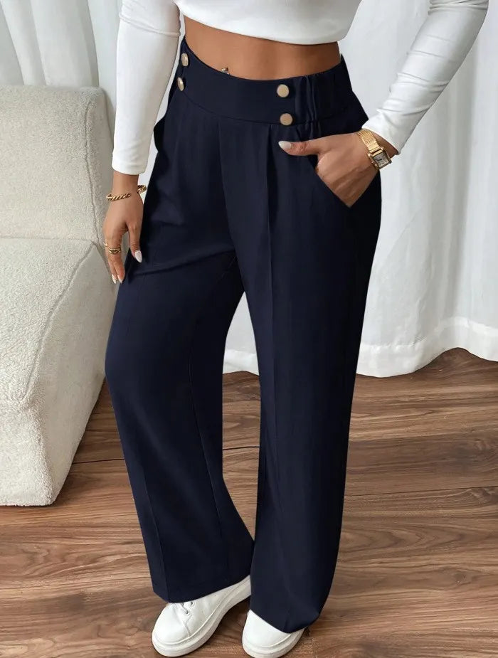 Pantalon Large Taille Haute À Boutons Décoratifs Femme