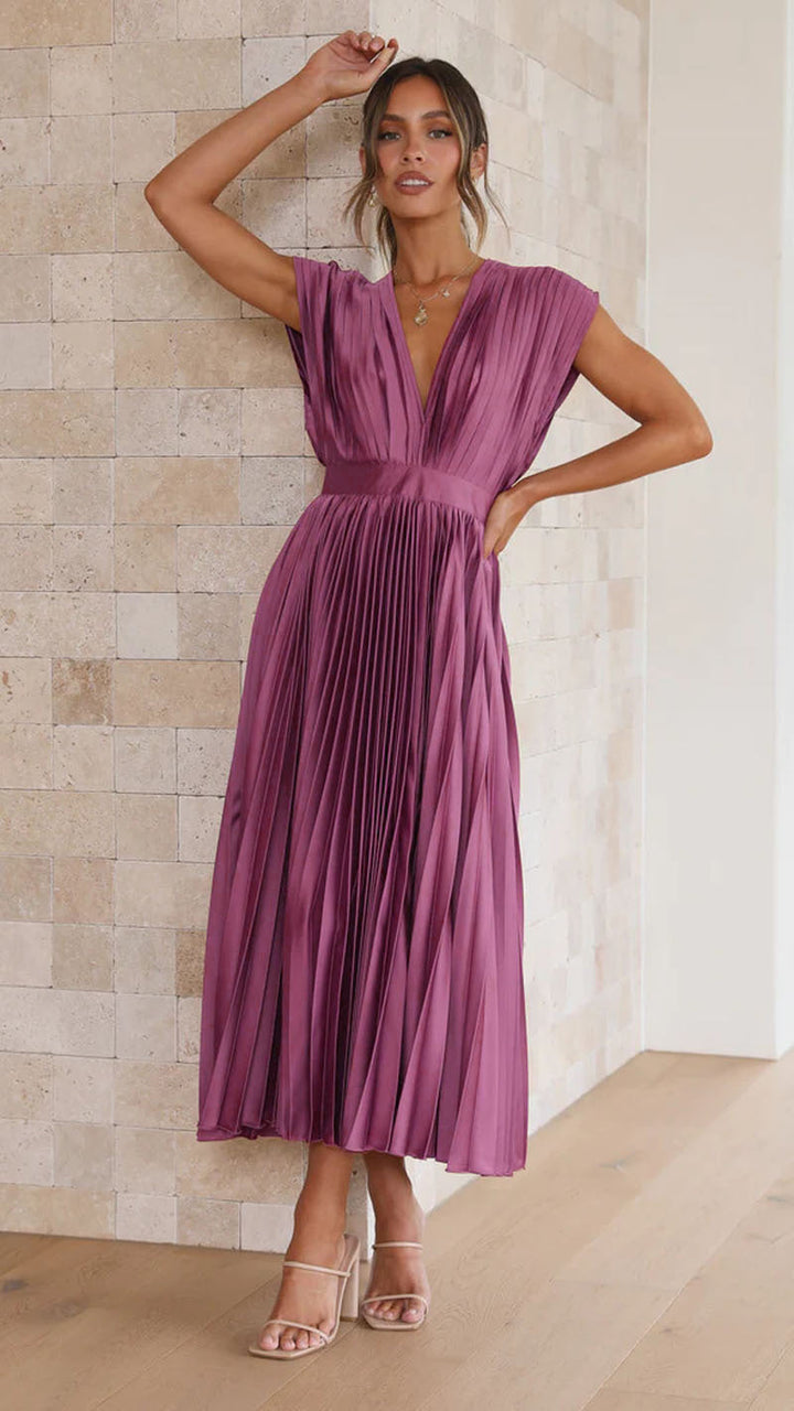 Robe Midi Plissé Soleil Décolleté V Femme