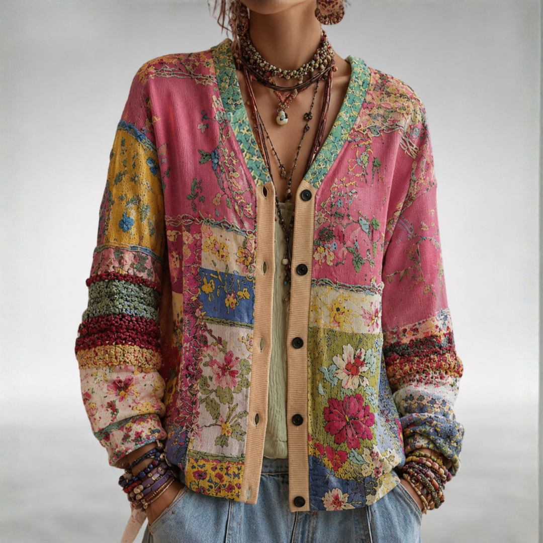 Cardigan Fleuri Boutonné à Manches Longues Femme