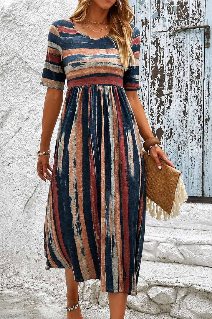 Robe Midi Rayée Manches Courtes Femme