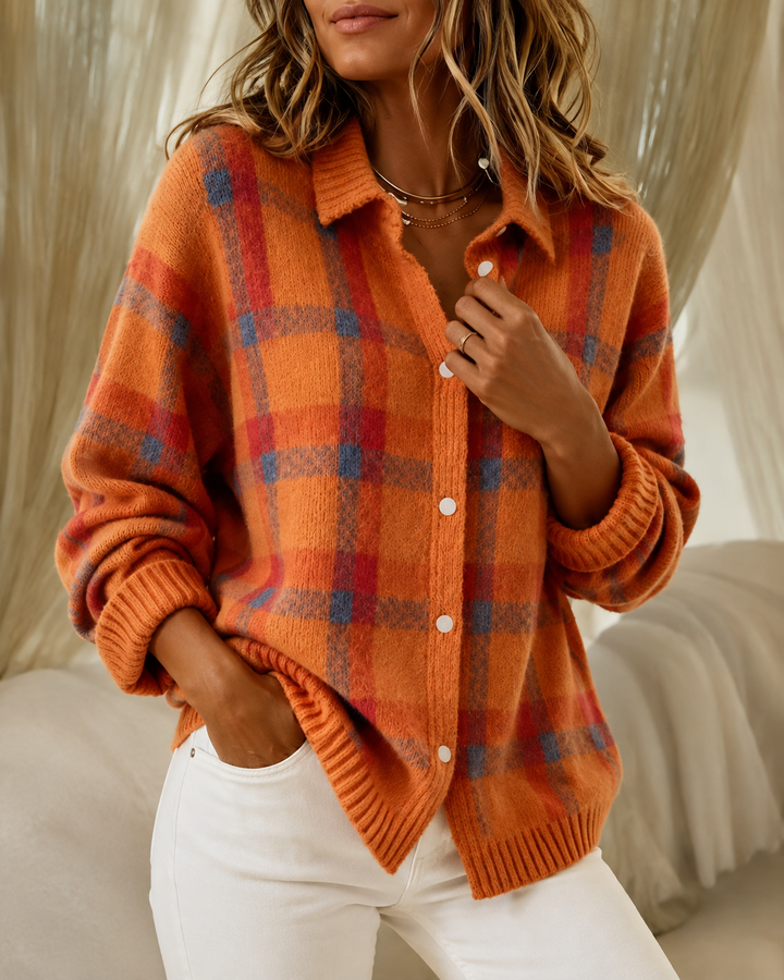 Cardigan à Carreaux Col Chemise Femme