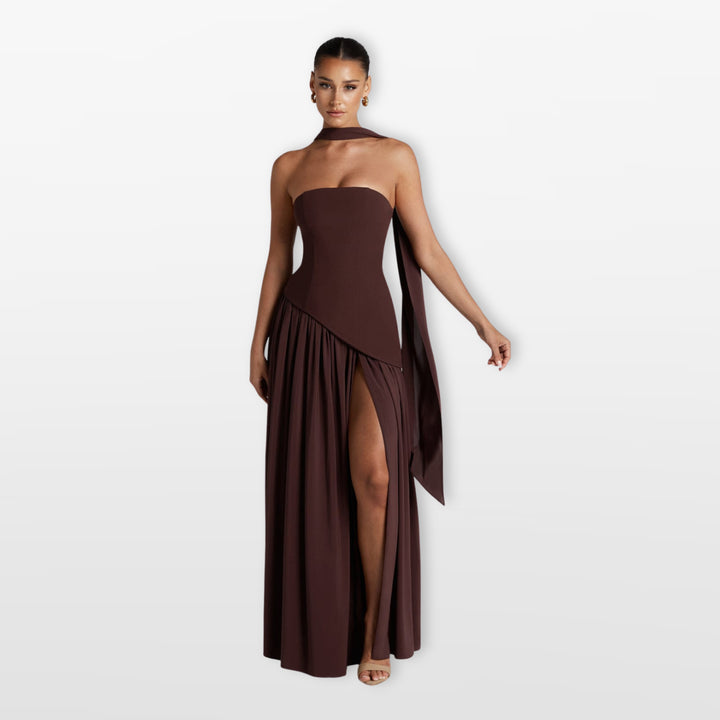 Robe Longue Bustier Fente Haute Asymétrique Femme