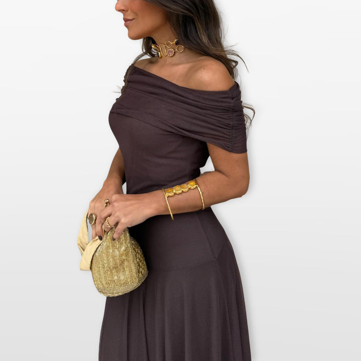 Robe Longue Épaules Dénudées Mesh Élégante Femme