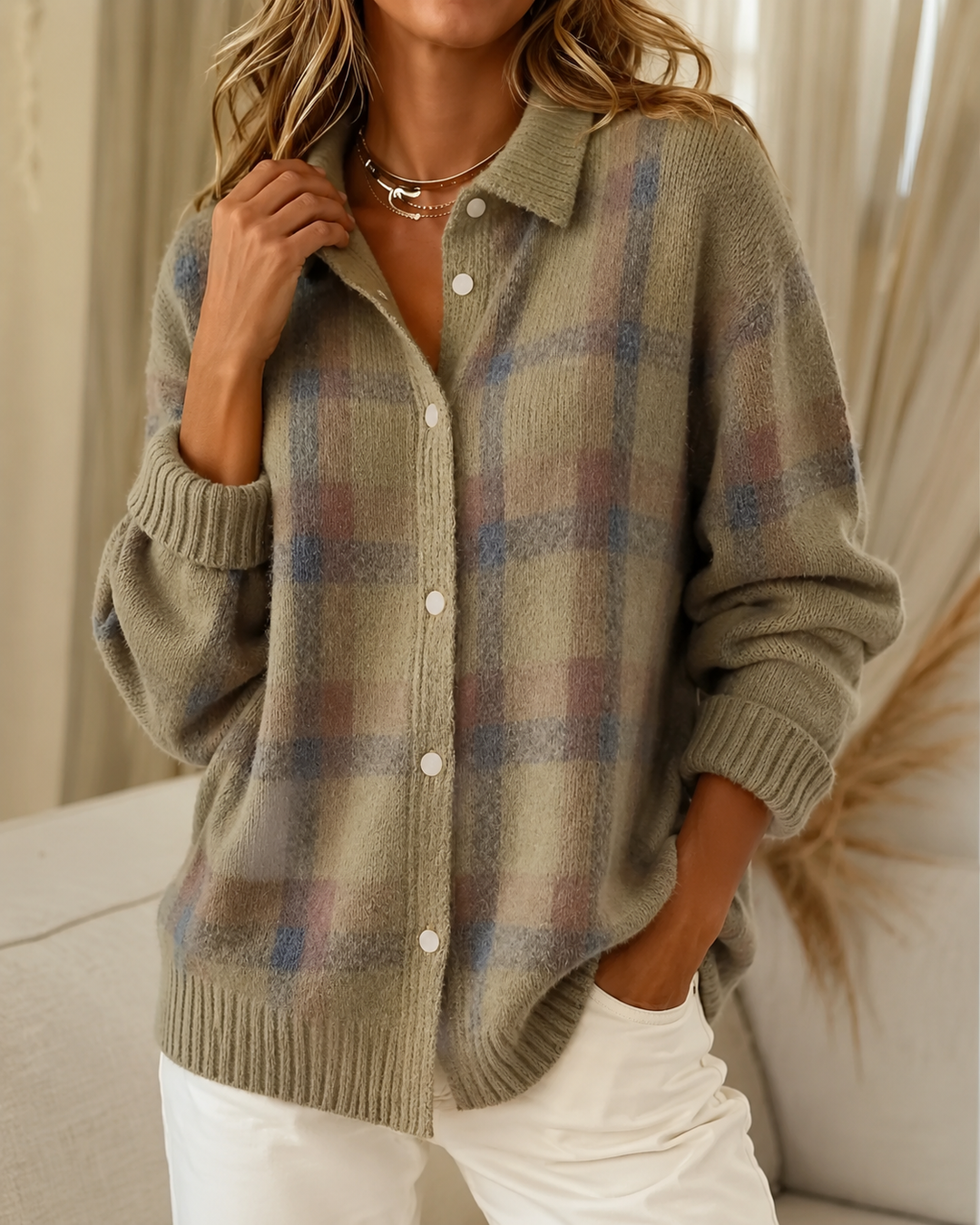 Cardigan à Carreaux Col Chemise Femme