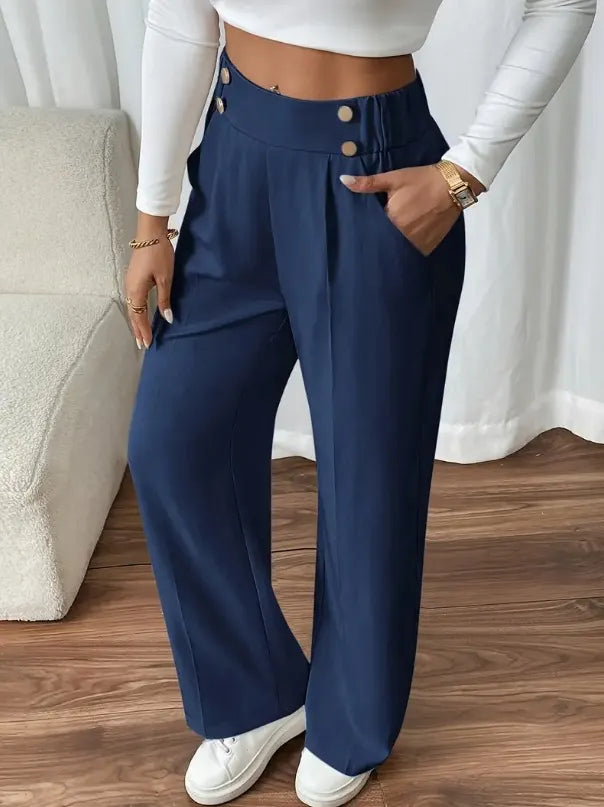 Pantalon Large Taille Haute À Boutons Décoratifs Femme