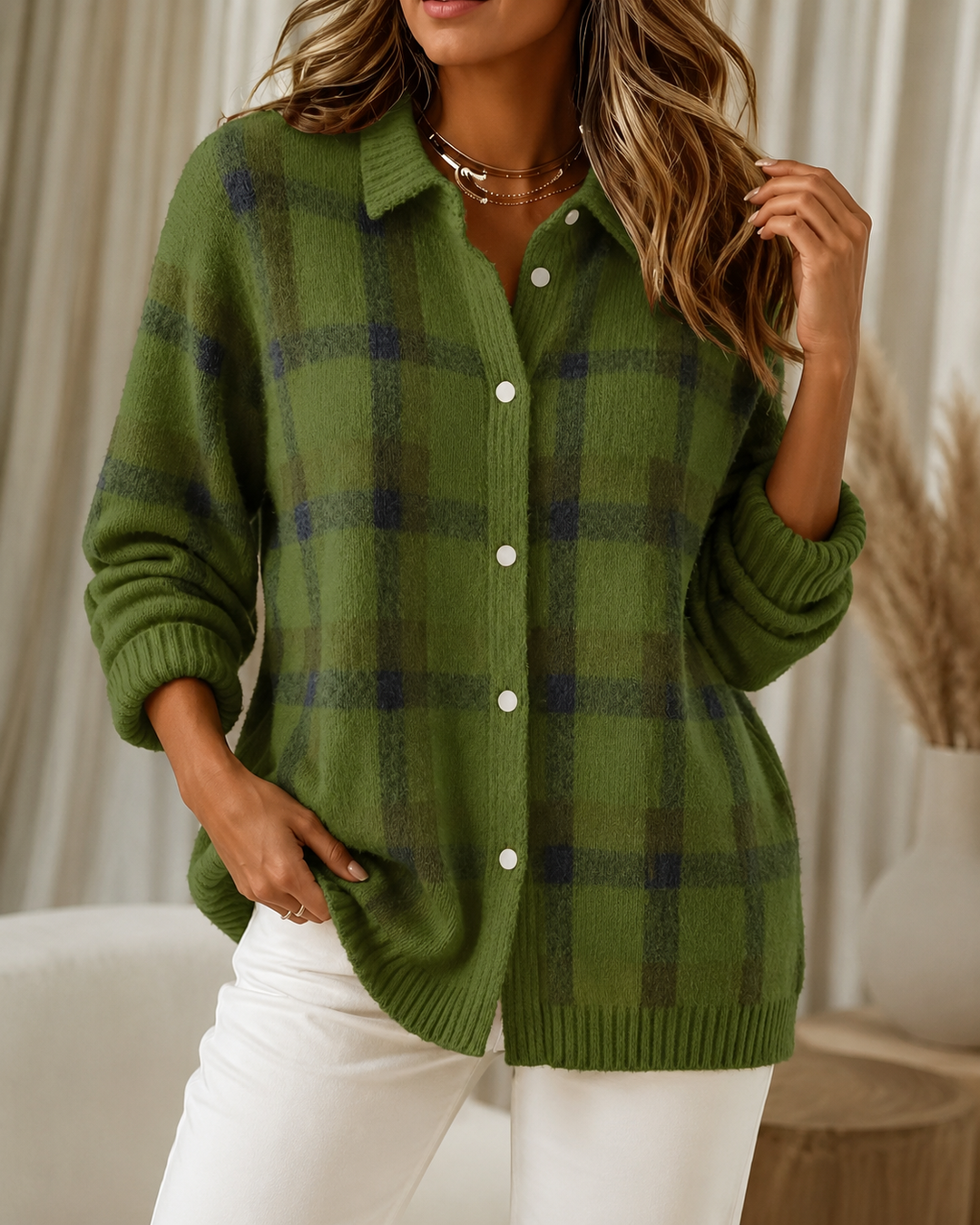 Cardigan à Carreaux Col Chemise Femme