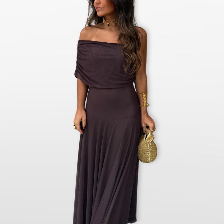 Robe Longue Épaules Dénudées Mesh Élégante Femme