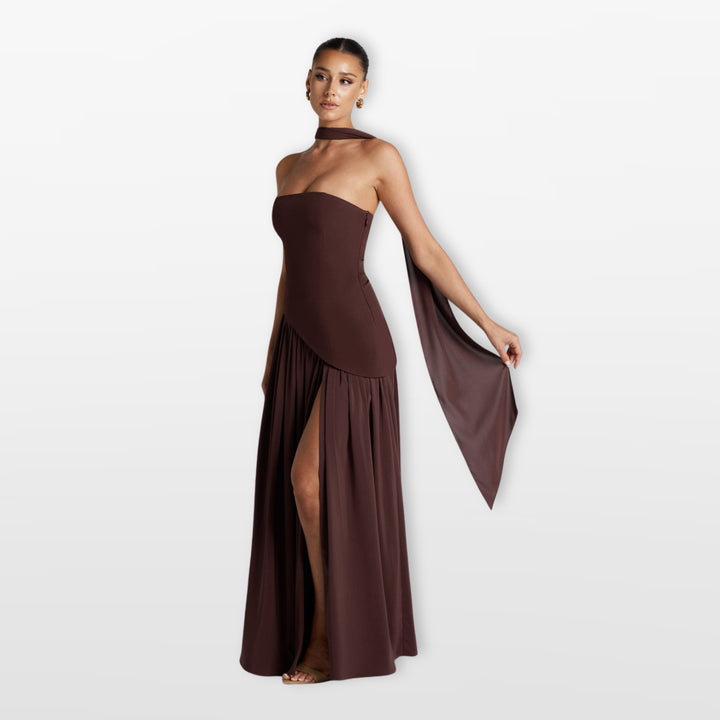 Robe Longue Bustier Fente Haute Asymétrique Femme