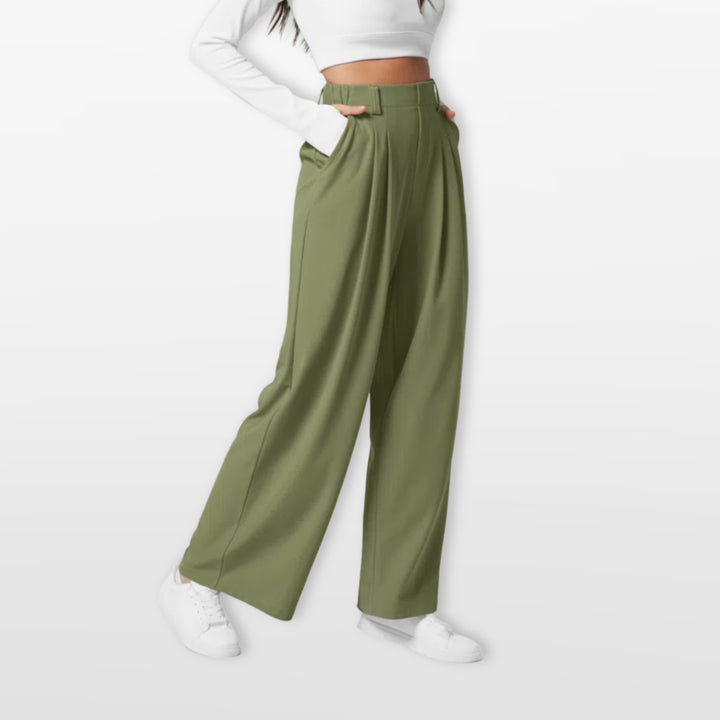 Pantalon Large Taille Haute Plissé Élégant Femme
