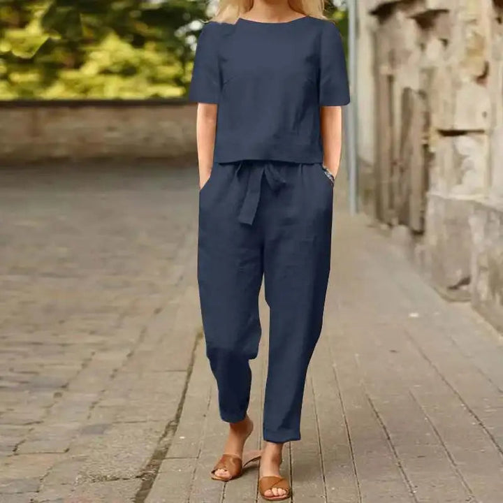 Combinaison Ceinturée Manches Courtes Femme