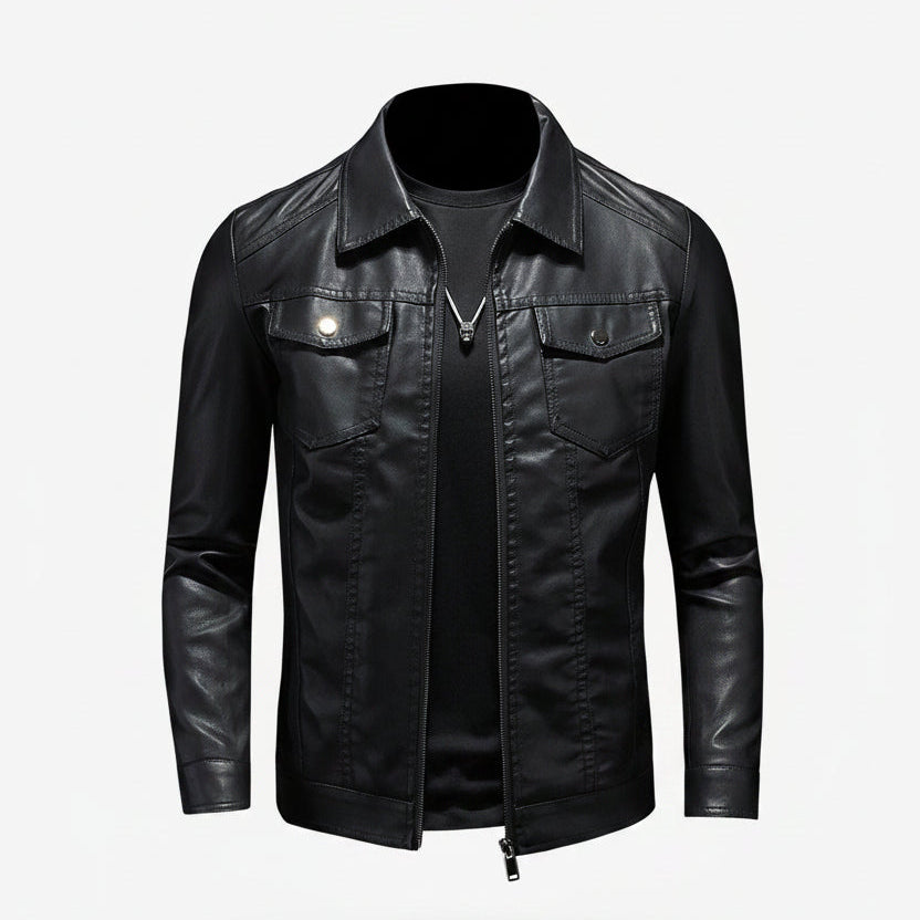 Blouson en Cuir à Col Chemise Homme