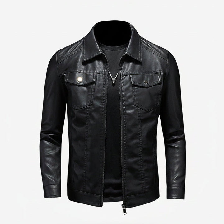 Blouson en Cuir à Col Chemise Homme