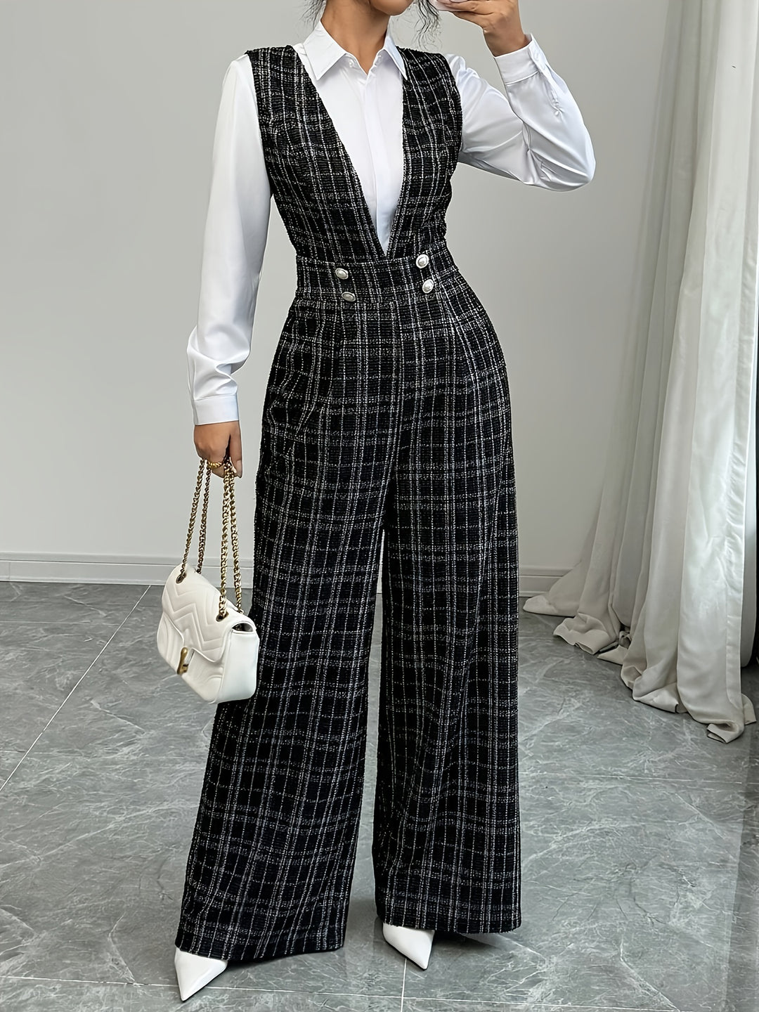 Combinaison Pantalon à Carreaux et Boutons Femme