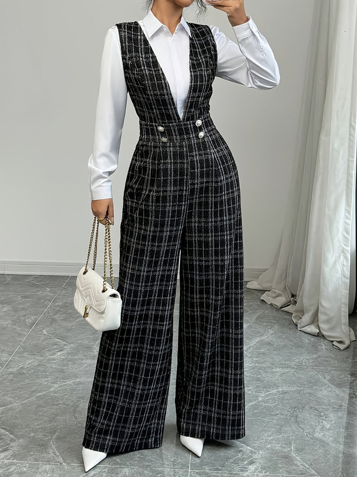 Combinaison Pantalon à Carreaux et Boutons Femme