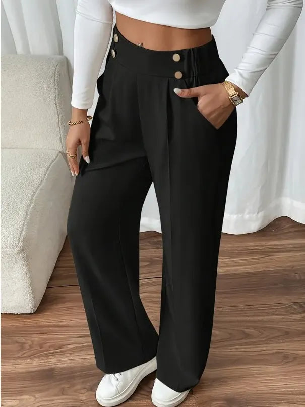 Pantalon Large Taille Haute À Boutons Décoratifs Femme