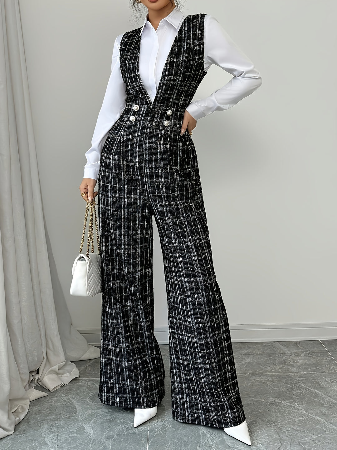 Combinaison Pantalon à Carreaux et Boutons Femme