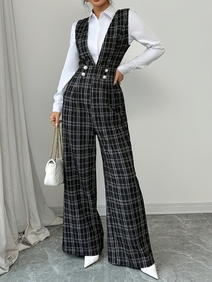 Combinaison Pantalon à Carreaux et Boutons Femme