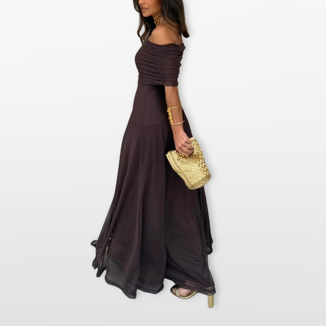 Robe Longue Épaules Dénudées Mesh Élégante Femme