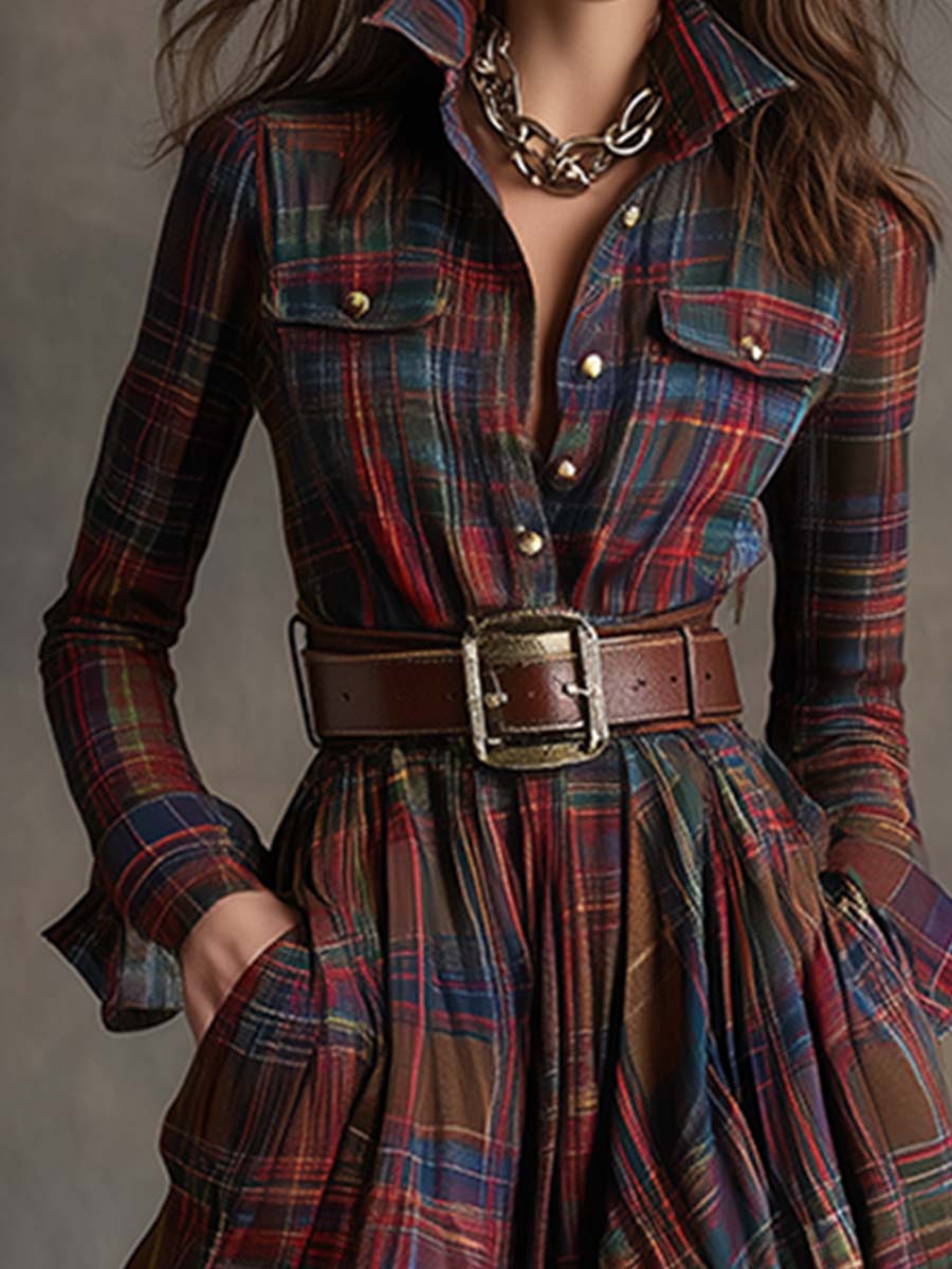 Robe Longue Chemise à Carreaux Femme