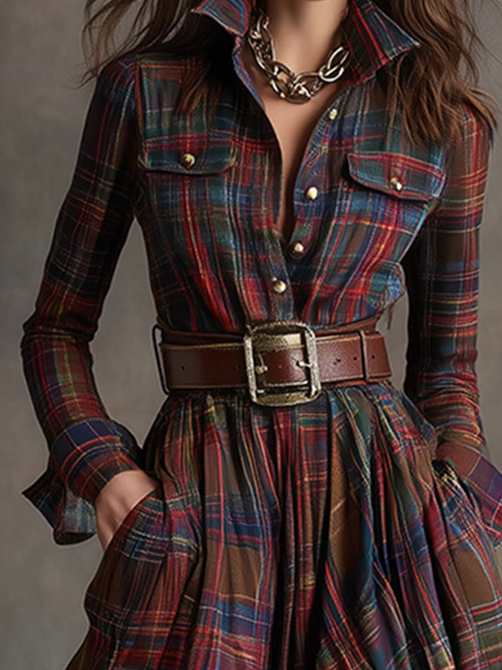 Robe Longue Chemise à Carreaux Femme
