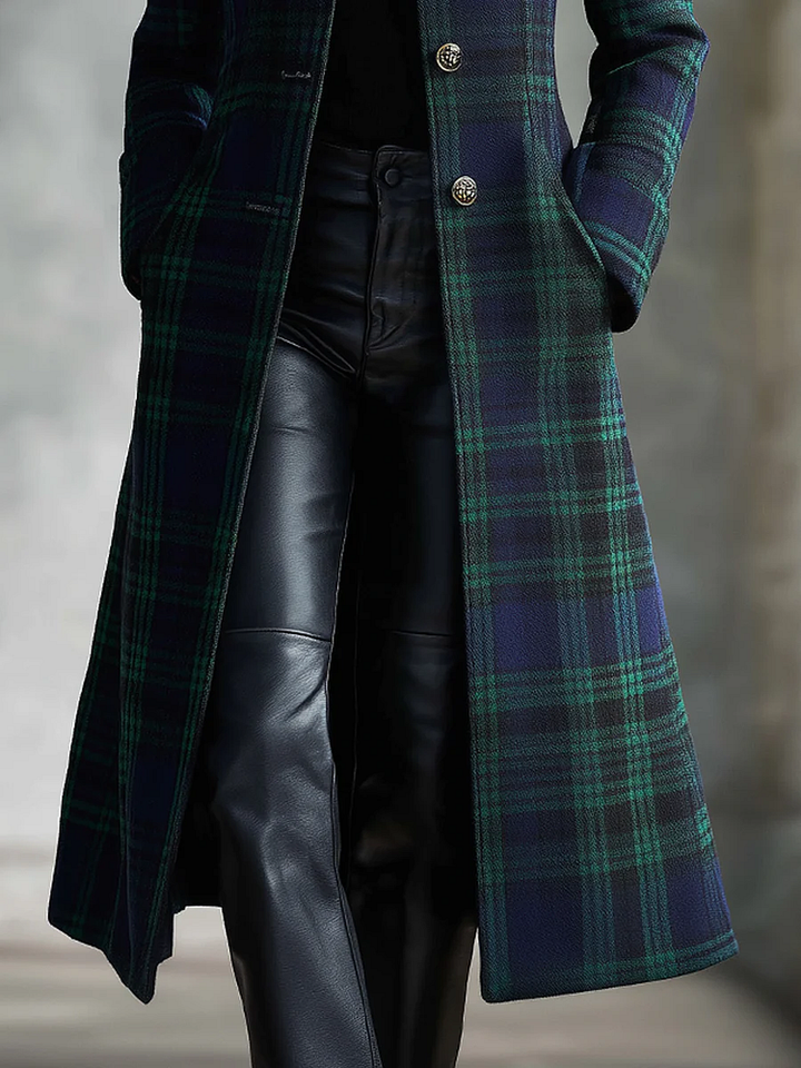 Manteau Long À Carreaux Col Montant Femme
