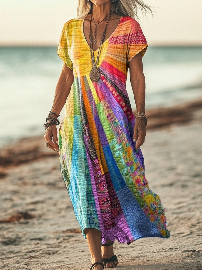 Robe Longue Patchwork Bohème Femme
