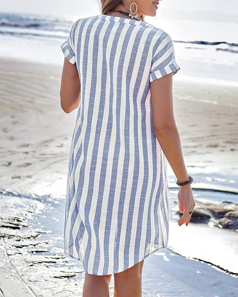 Robe Chemise Rayée Manches Courtes Femme