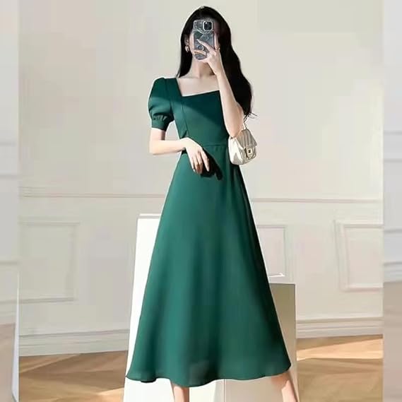 Robe Midi Évasée à Col Carré et Manches Bouffantes Femme