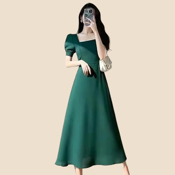 Robe Midi Évasée à Col Carré et Manches Bouffantes Femme