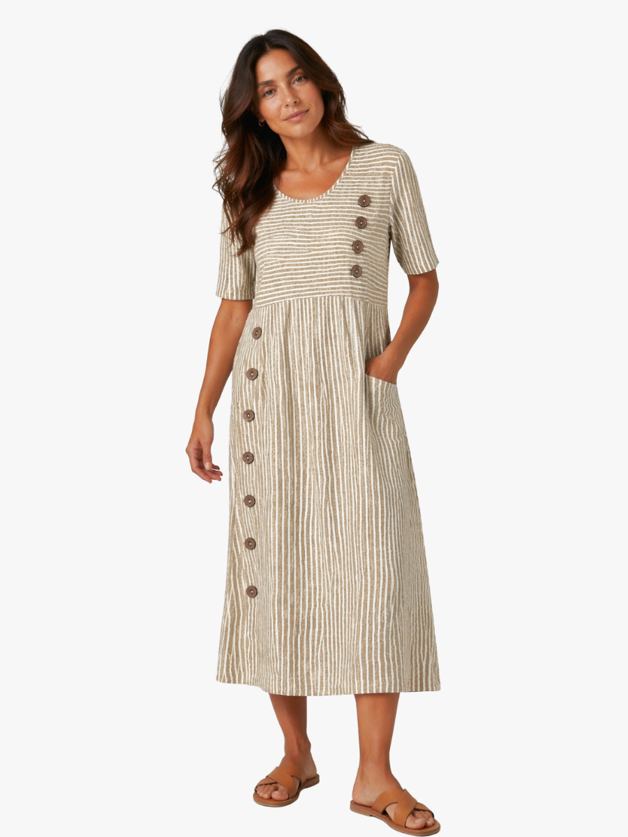 Robe Midi Rayée à Manches Courtes Femme