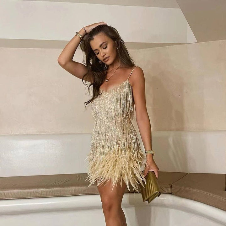 Robe Mini À Franges Et Bretelles Femme