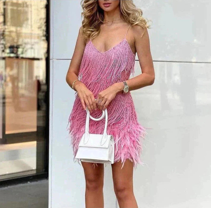 Robe Mini À Franges Et Bretelles Femme