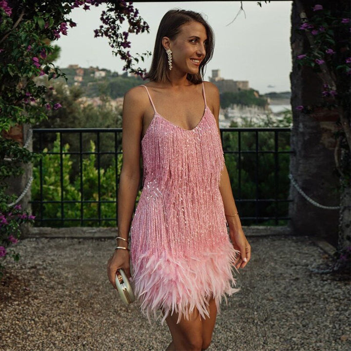 Robe Mini À Franges Et Bretelles Femme