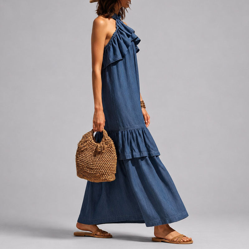Robe Maxi Halter à Volants Femme
