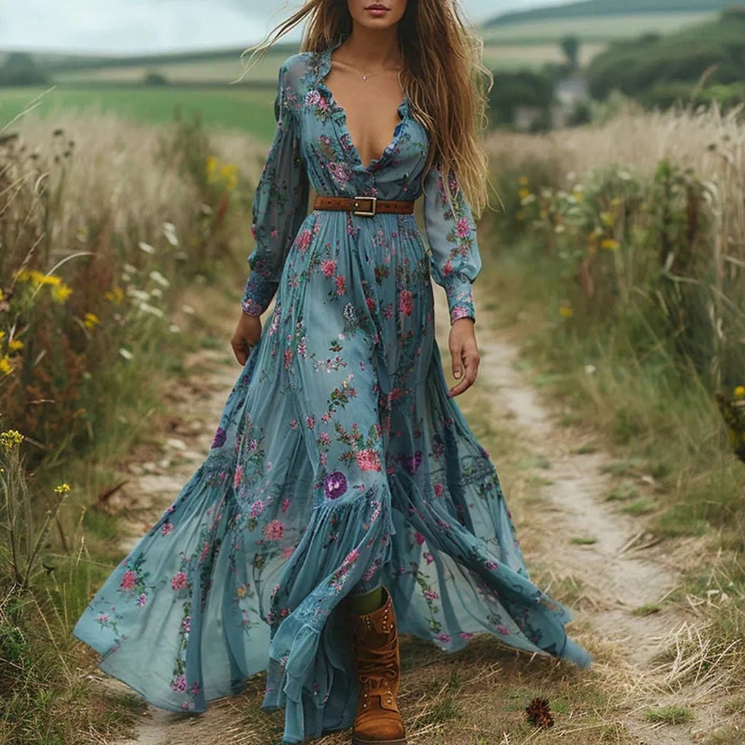 Robe Maxi Fleurie à Manches Longues Femme