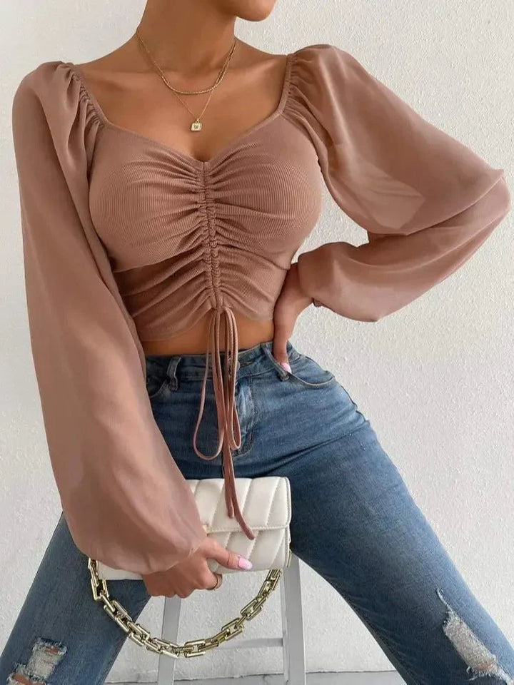 Top Court Froncé Manches Bouffantes Femme