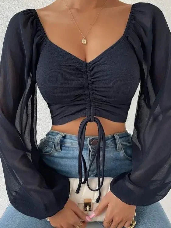 Top Court Froncé Manches Bouffantes Femme