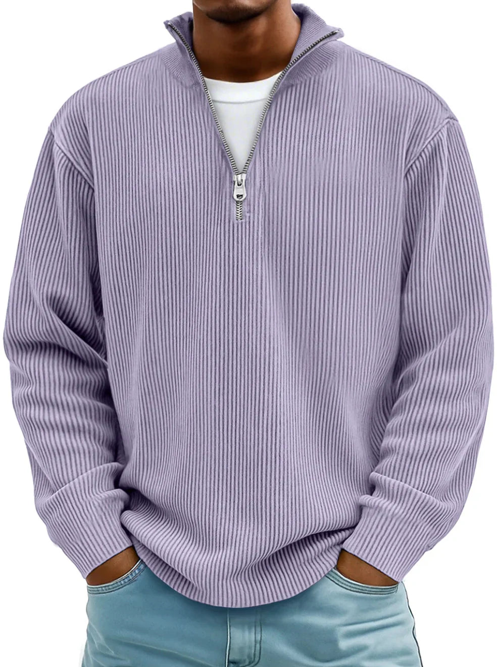 Pull Côtelé à Col Montant Zippé Homme