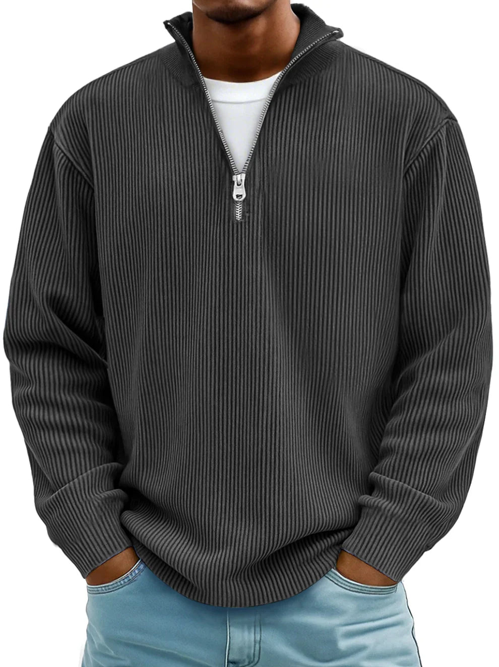 Pull Côtelé à Col Montant Zippé Homme