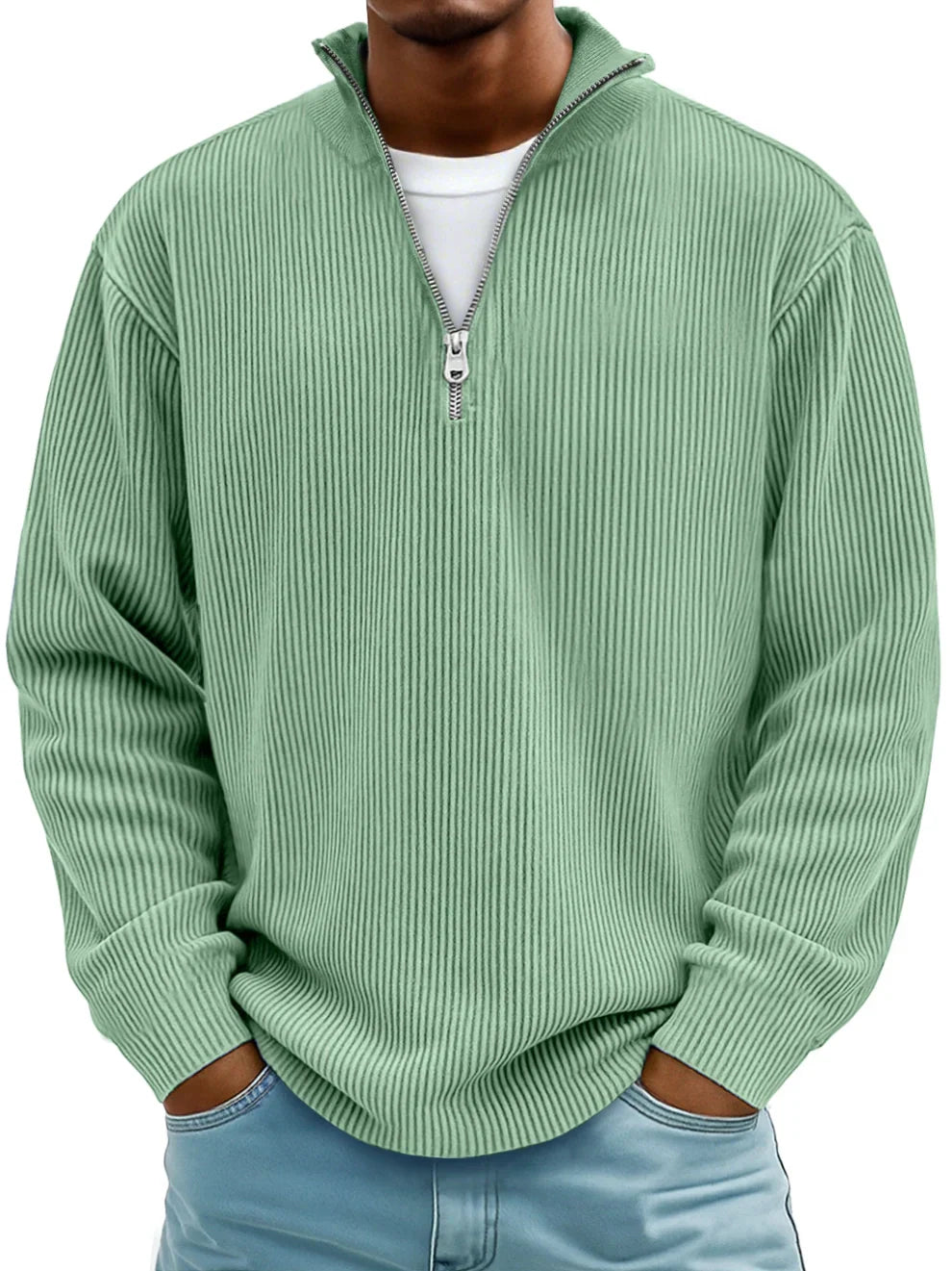 Pull Côtelé à Col Montant Zippé Homme