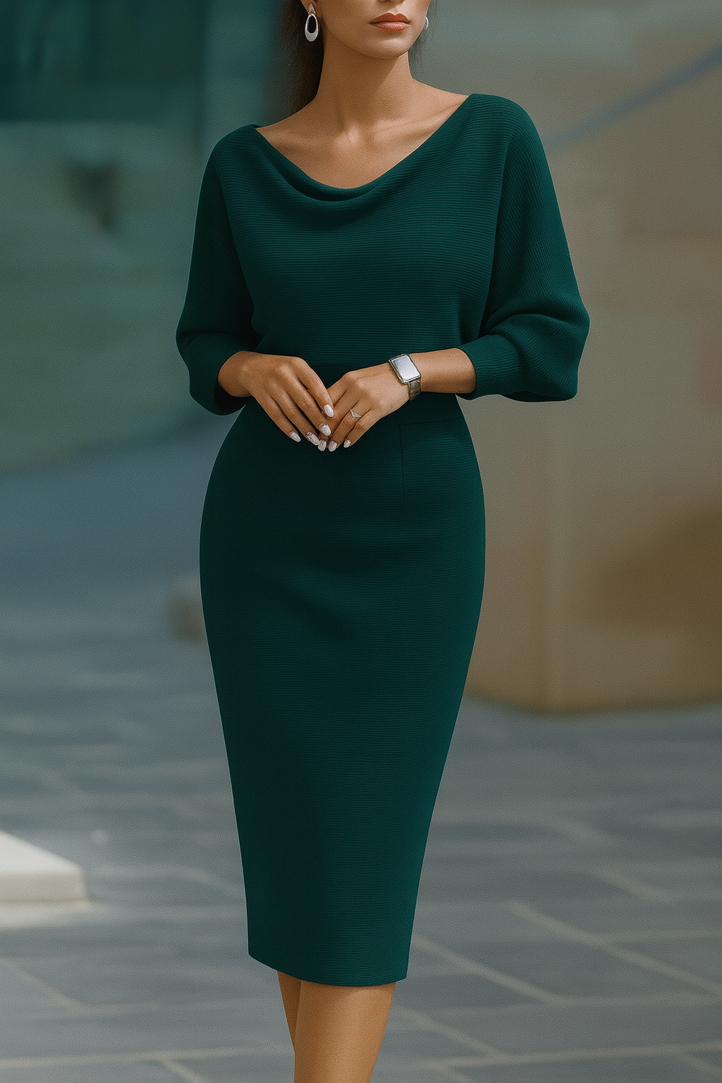 Robe Midi Drapée Ajustée Femme