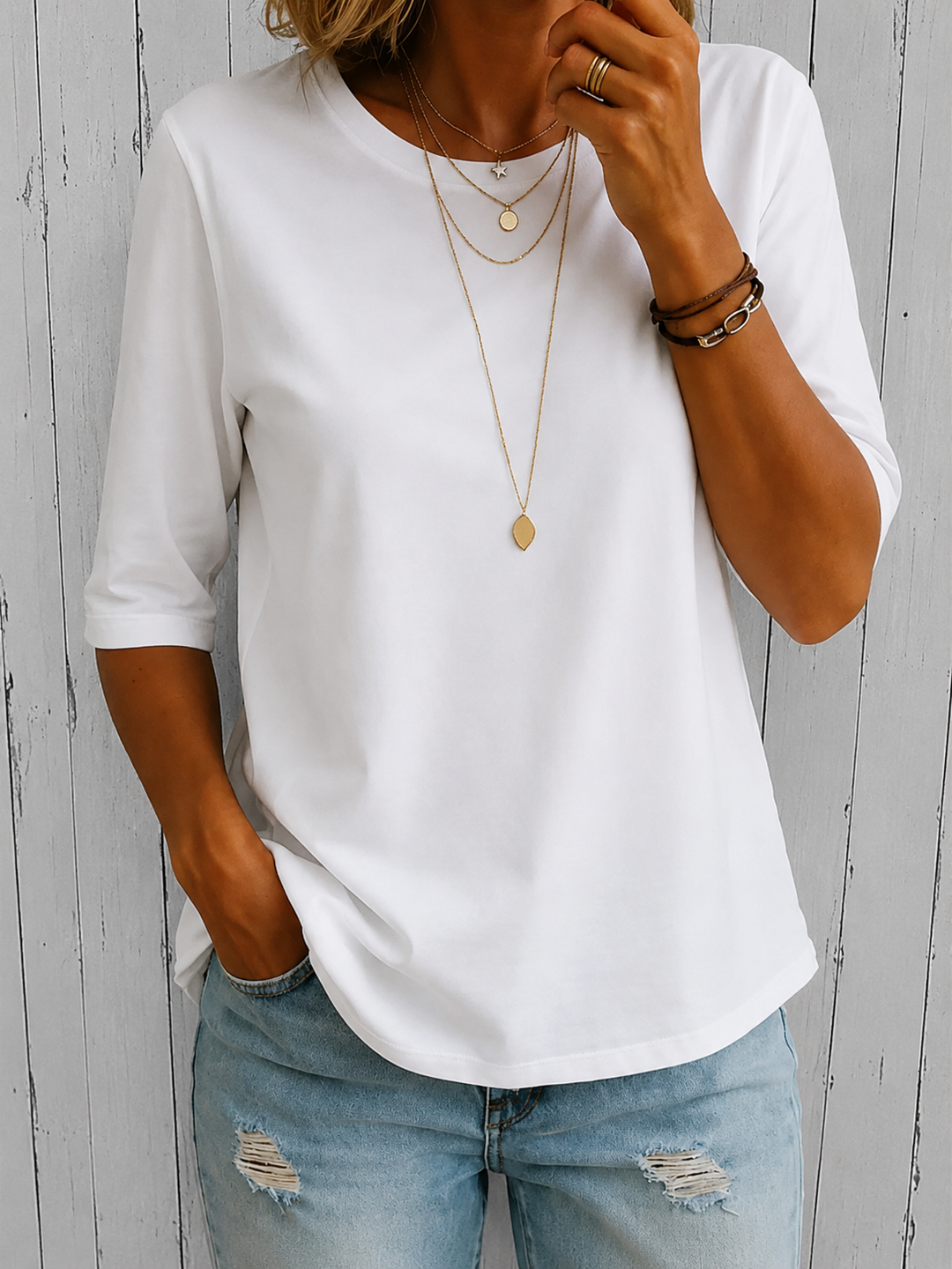 T-Shirt Manches Mi-Longues Col Rond Femme