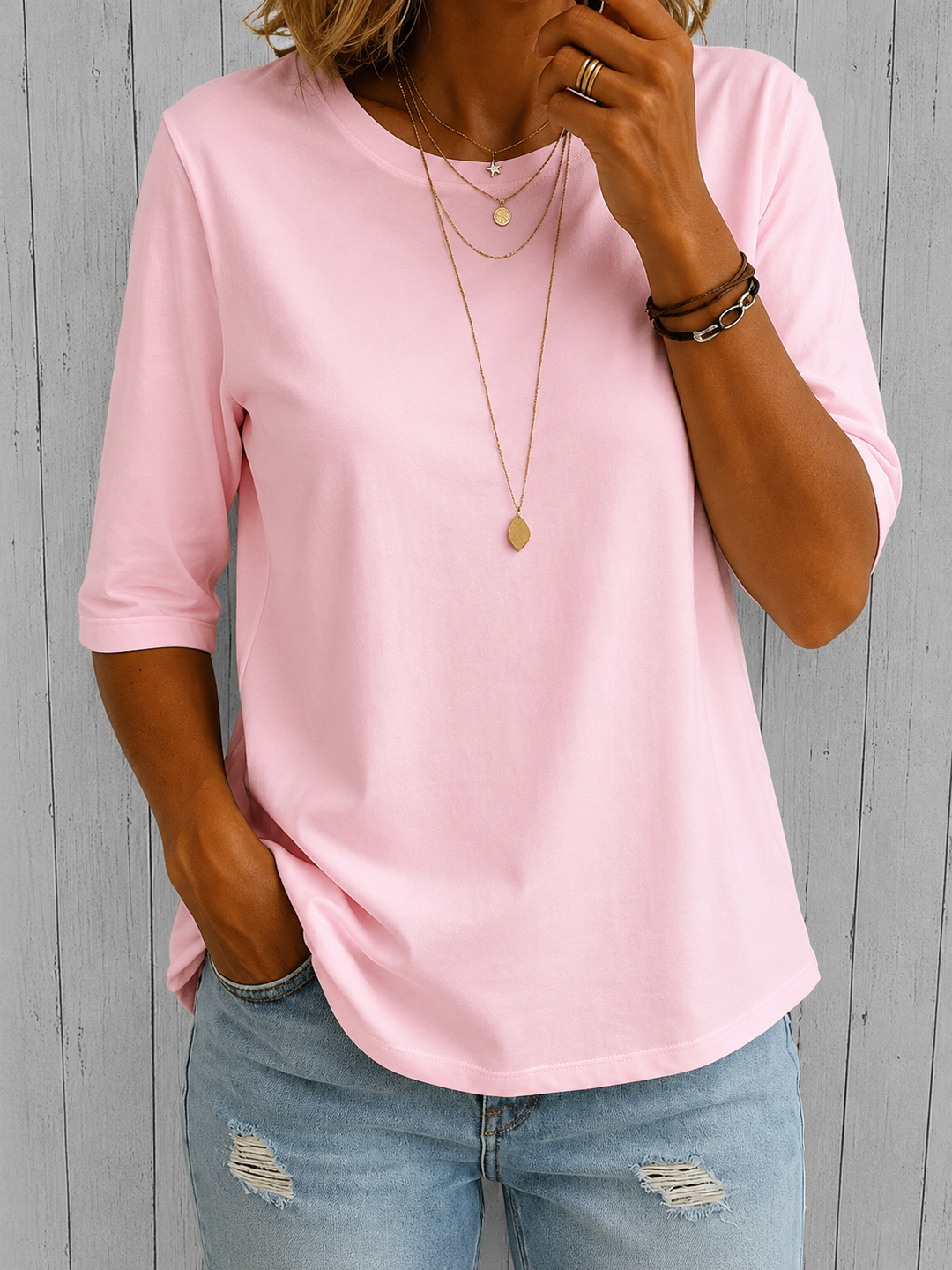 T-Shirt Manches Mi-Longues Col Rond Femme