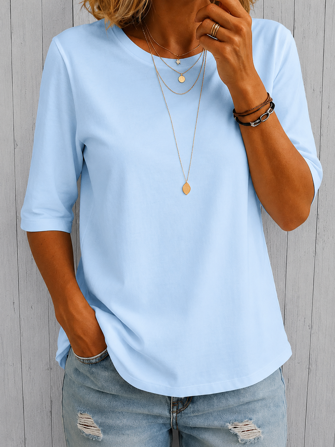 T-Shirt Manches Mi-Longues Col Rond Femme