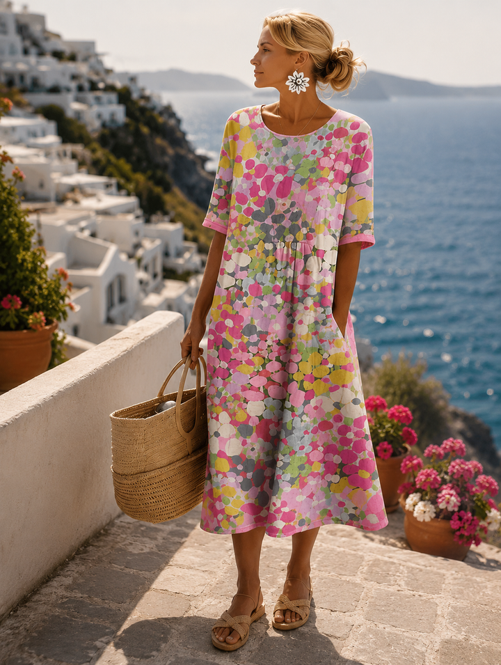Robe Midi Imprimée Manches Courtes Femme