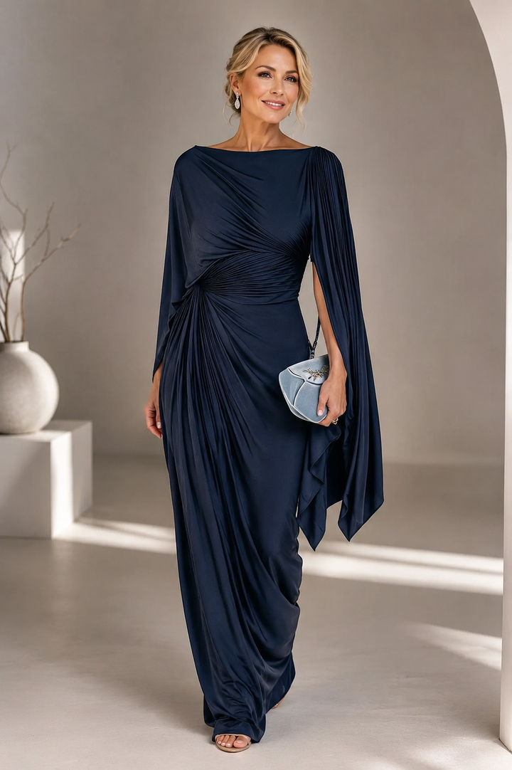 Robe Longue Drapée à Manches Cape Femme