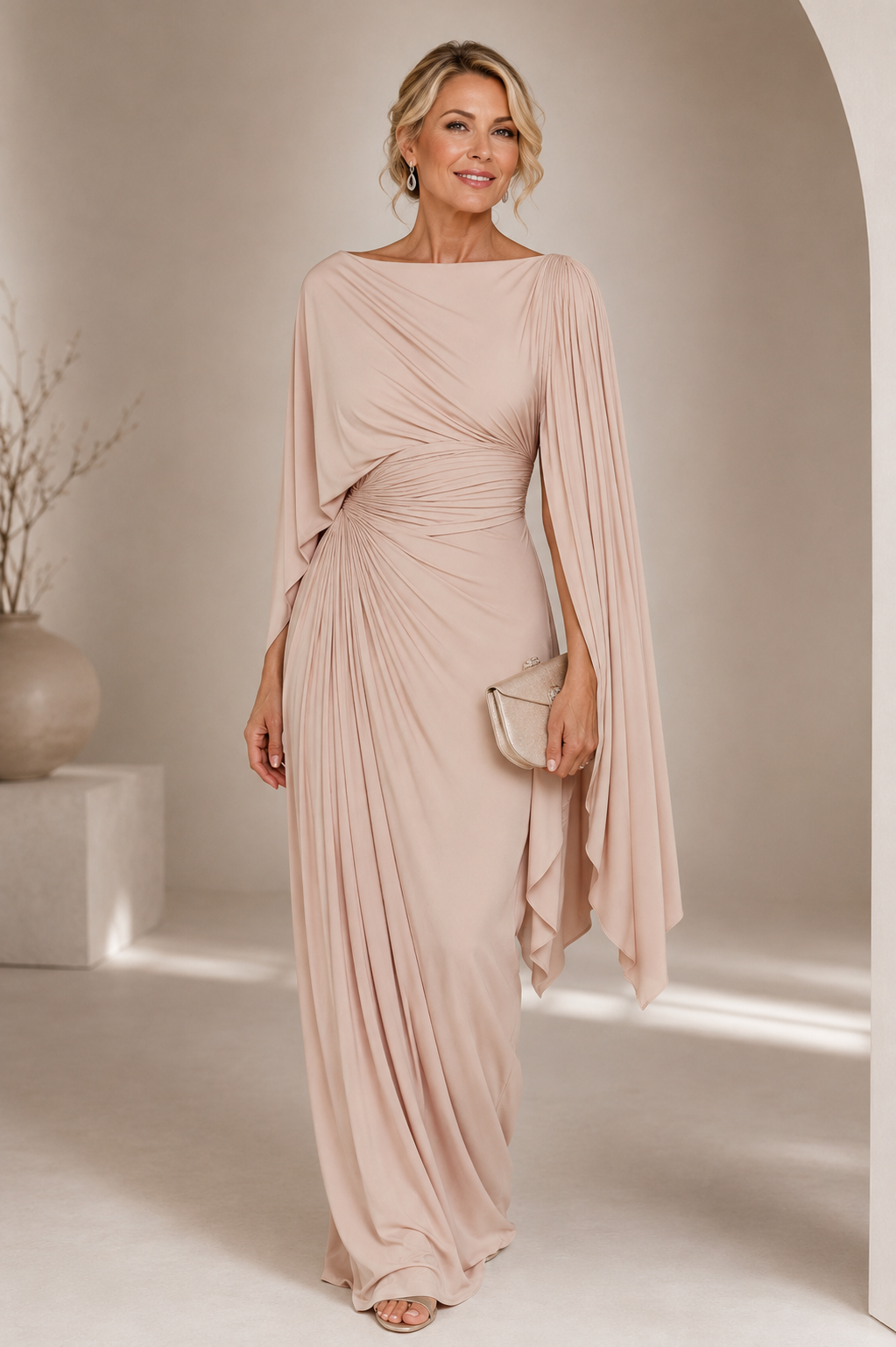 Robe Longue Drapée à Manches Cape Femme