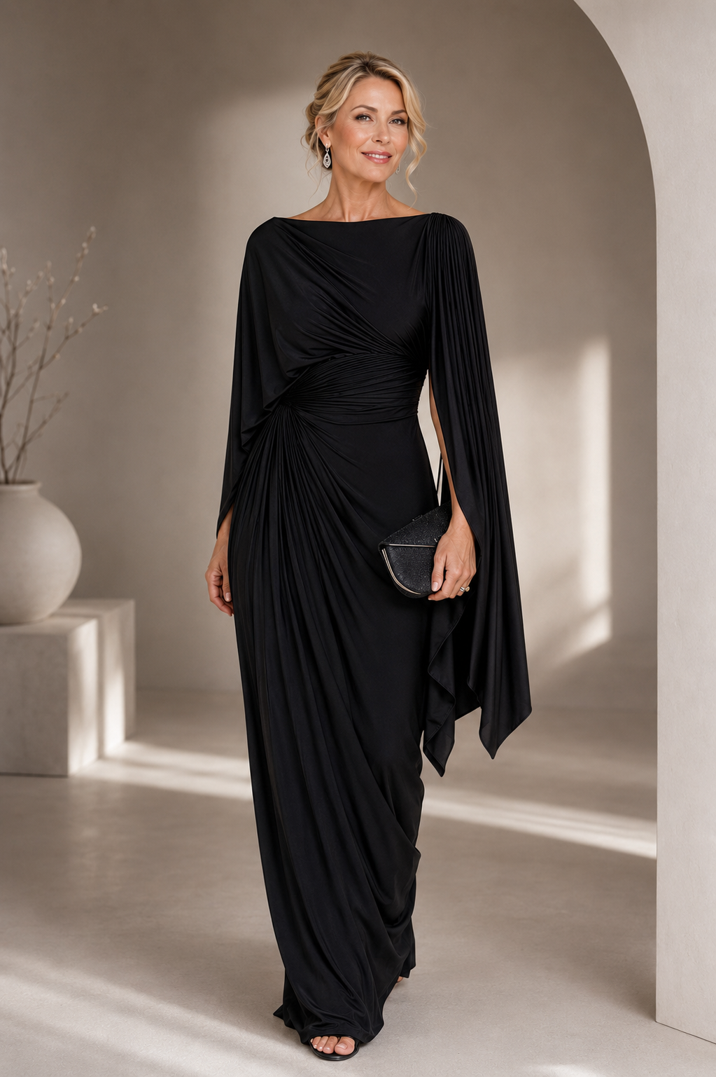 Robe Longue Drapée à Manches Cape Femme