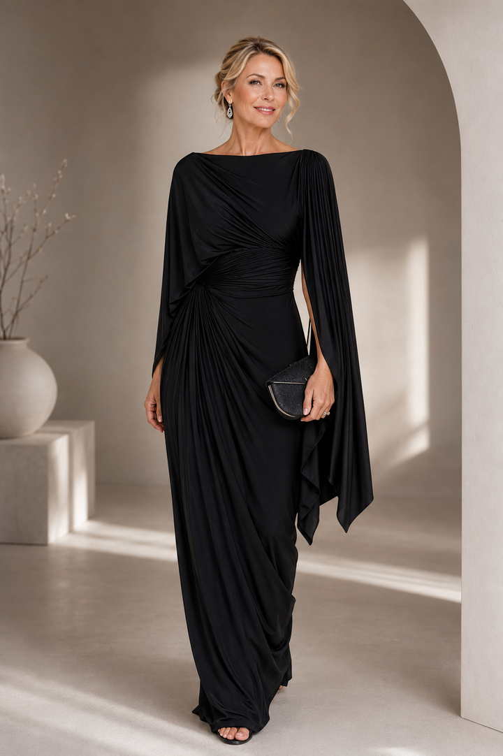 Robe Longue Drapée à Manches Cape Femme